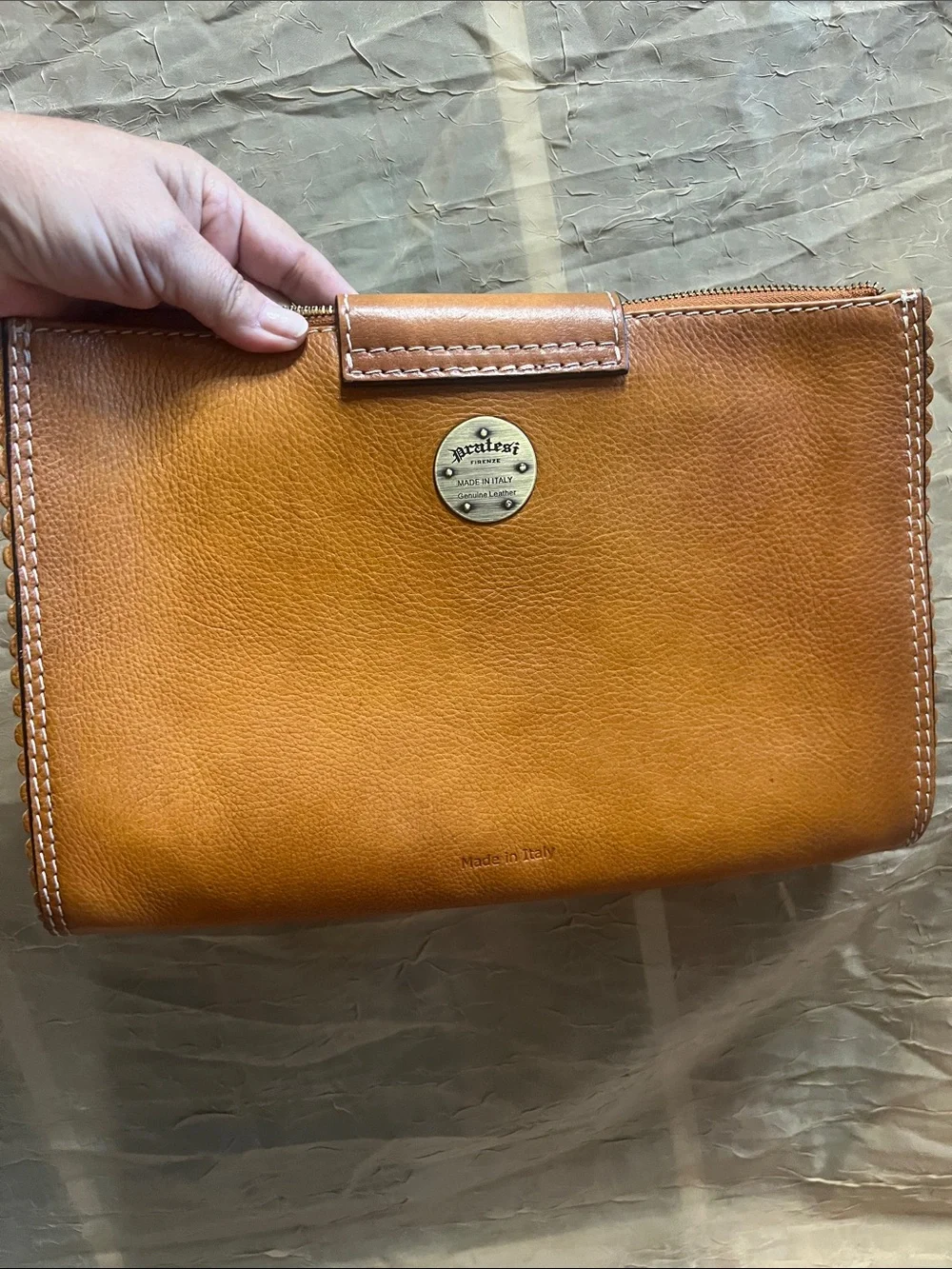 Vintage Pratesi Firenze Italian Leather Clutch Bag Cognac Brown